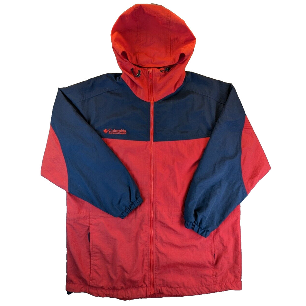 Columbia Jacket Medium Women's Red Hooded Color Block Windbreaker Outdoor Nylon